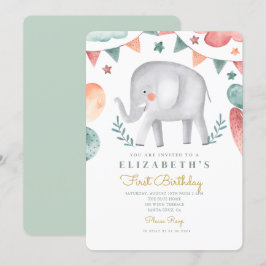水彩象かわいいバロン1st誕生日 招待状