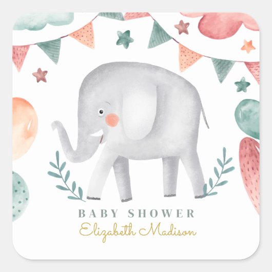 水彩象かわいい赤ちゃんシャワー スクエアシール (正面)