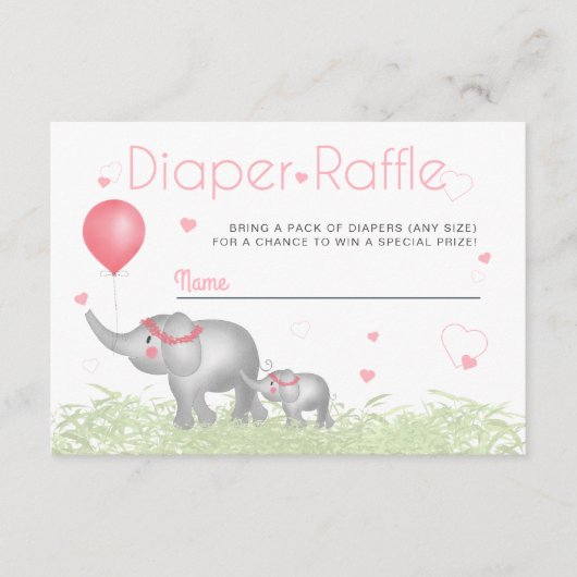水彩象とピンクのハートのオムツくじ エンクロージャーカード (正面)