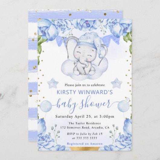 水彩象と青いバラのベビーシャワー 招待状 (正面/裏面)