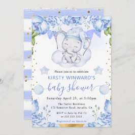 水彩象と青いバラのベビーシャワー 招待状