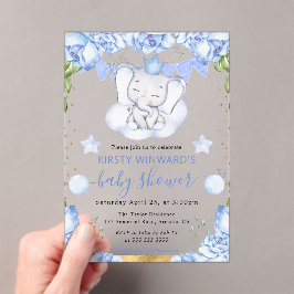 水彩象と青いバラ赤ちゃんシャワー アクリル招待状