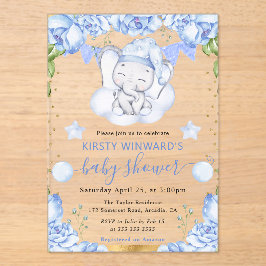 水彩象と青いバラ赤ちゃんシャワー アクリル招待状