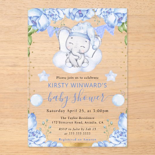水彩象と青いバラ赤ちゃんシャワー アクリル招待状 (正面)