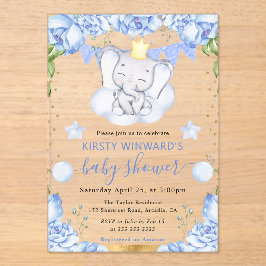 水彩象と青いバラ赤ちゃんシャワー アクリル招待状