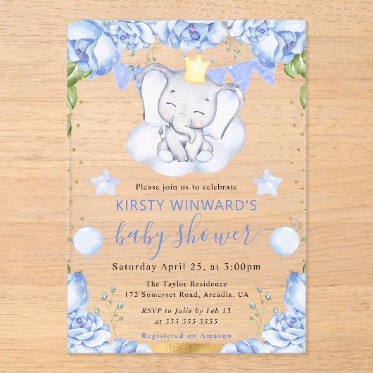 水彩象と青いバラ赤ちゃんシャワー アクリル招待状 (正面)