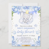 水彩象と青いバラ赤ちゃんシャワー 招待状 (正面)