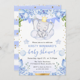 水彩象と青いバラ赤ちゃんシャワー 招待状