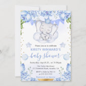 水彩象と青いバラ赤ちゃんシャワー 招待状 (正面)