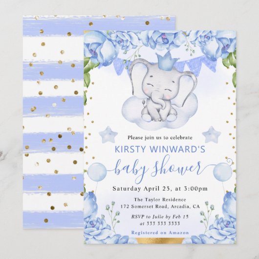水彩象と青いバラ赤ちゃんシャワー 招待状 (正面/裏面)