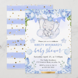 水彩象と青いバラ赤ちゃんシャワー 招待状