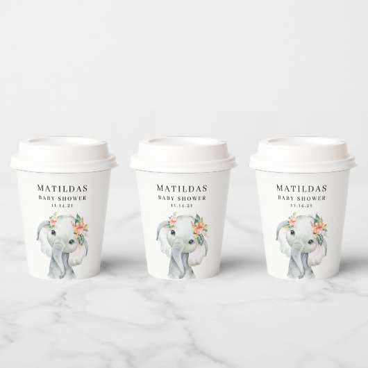水彩象のベビーシャワーパーティー 紙コップ (複数)