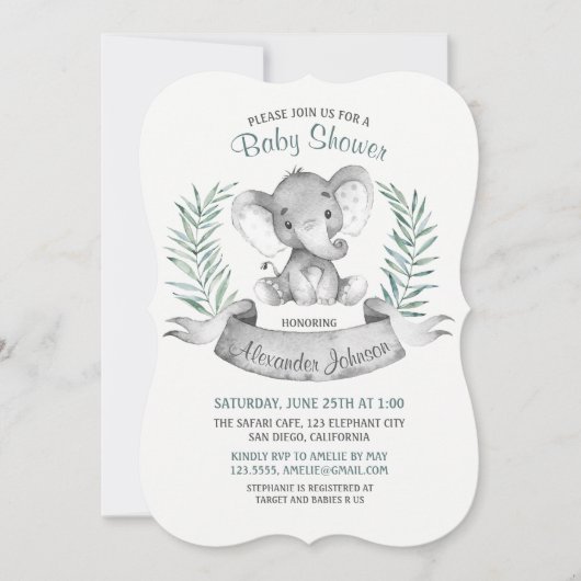 水彩象のベビーシャワー 招待状 (正面)