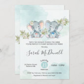 水彩象の双子の少年少女のベビーシャワー 招待状 (正面/裏面)