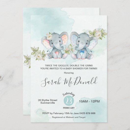 水彩象の双子の少年少女のベビーシャワー 招待状 (正面/裏面)
