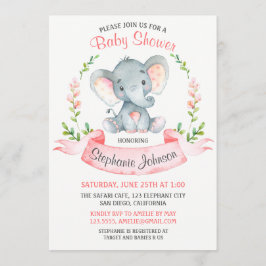 水彩象ガールベビーシャワー 招待状