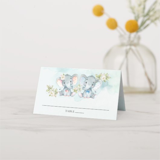 水彩象ツインズボーイガールベビーシャワー プレイスカード (裏面)