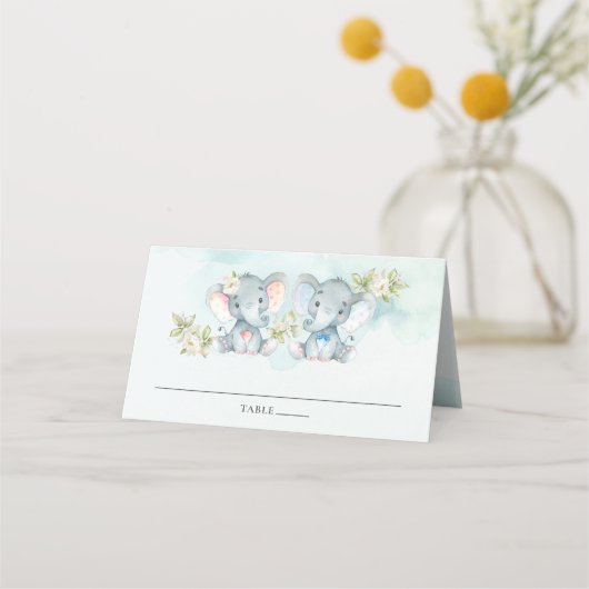 水彩象ツインズボーイガールベビーシャワー プレイスカード (正面)