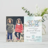 水彩象ツインズボーイガール誕生日写真 招待状 (スタンド正面)