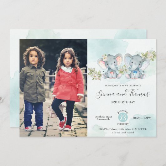 水彩象ツインズボーイガール誕生日写真 招待状 (正面/裏面)