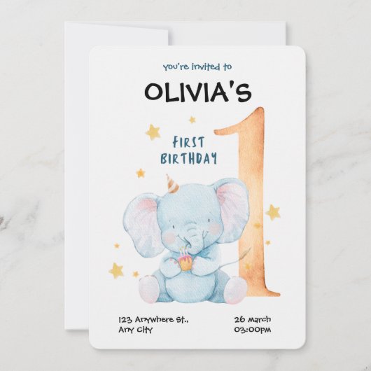 水彩象ファースト誕生日招待状 招待状 (正面)
