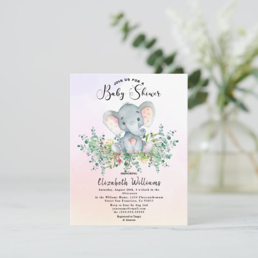 水彩象フローラユーカリ赤ちゃんシャワー 招待状 (スタンド正面)