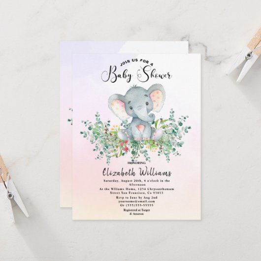 水彩象フローラユーカリ赤ちゃんシャワー 招待状 (正面/裏面インサイチュ)