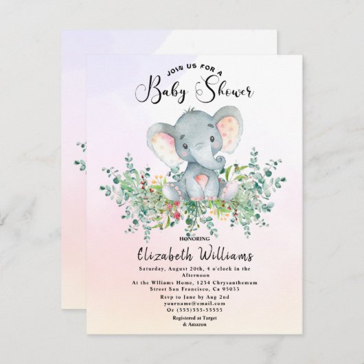 水彩象フローラユーカリ赤ちゃんシャワー 招待状 (正面/裏面)