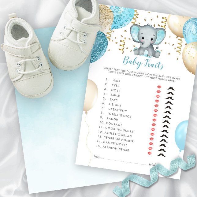 水彩象ベビー特徴シャワーゲーム (Watercolor Turquoise Elephant Baby Traits Shower Game)