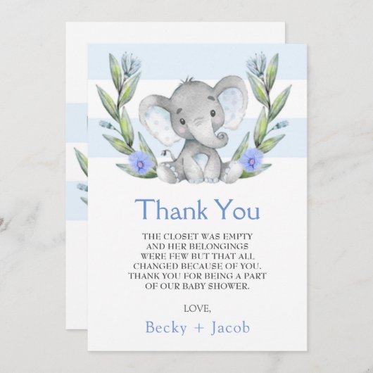 水彩象ボーイベビーシャワーサンキューカード サンキューカード (正面/裏面)