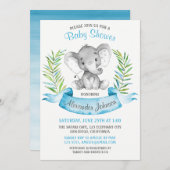 水彩象ボーイベビーシャワー 招待状 (正面/裏面)