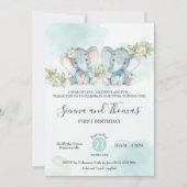 水彩象双生児少女誕生パーティー 招待状 (正面)