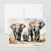 水彩象家族 - 名前入り特別な贈り物 ポストカード (正面/裏面)