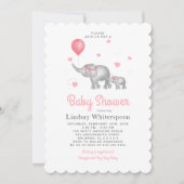 水彩象&ピンクハートガールベビーシャワー 招待状 (正面)