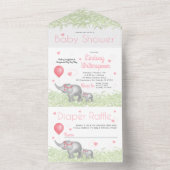 水彩象&ピンクハートベビーガールシャワー オールインワン招待状 (内側)