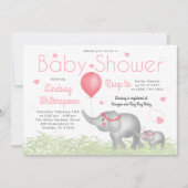 水彩象&ピンクハートベビーガールシャワー 招待状 (正面)