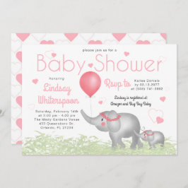 水彩象&ピンクハートベビーガールシャワー 招待状