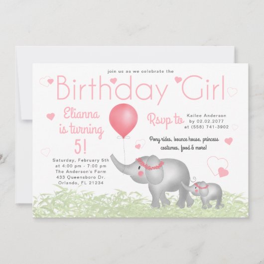 水彩象&ピンクハート誕生日ガール 招待状 (正面)