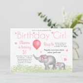 水彩象&ピンクハート誕生日ガール 招待状 (スタンド正面)