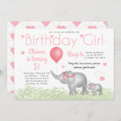 水彩象&ピンクハート誕生日ガール 招待状 (正面/裏面)