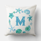 水彩貝殻とヒトデモノグラムの クッション (正面)