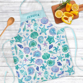 水彩貝殻とヒトデ海岸模様 エプロン