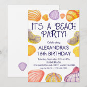 水彩貝殻のビーチバースデー招待状 招待状 (正面/裏面)