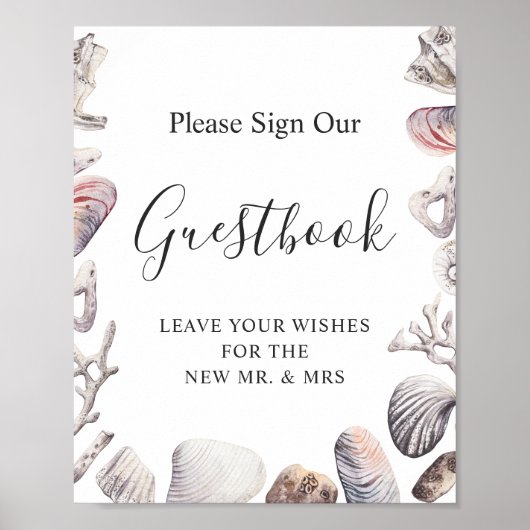 水彩貝殻ビーチウェディングゲストブックサイン ポスター (正面)