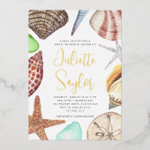 水彩貝殻ビーチブライダルシャワー金ゴールド 箔招待状 (正面)