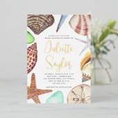 水彩貝殻ビーチブライダルシャワー金ゴールド 箔招待状 (立ち正面)