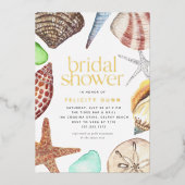 水彩貝殻ビーチブライダルシャワー金ゴールド 箔招待状 (正面)