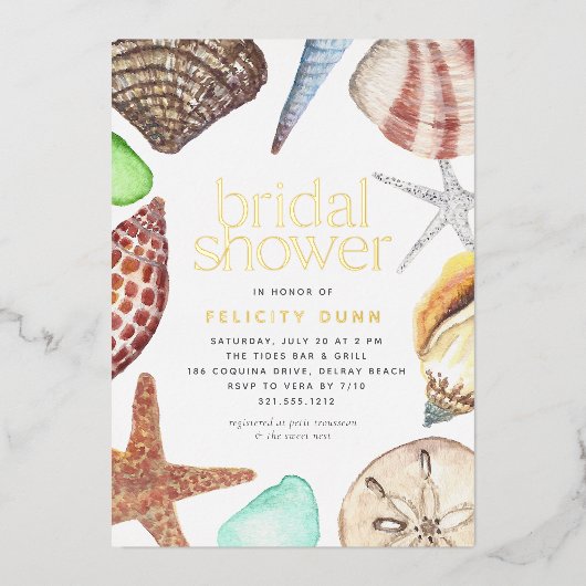 水彩貝殻ビーチブライダルシャワー金ゴールド 箔招待状 (正面)