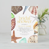 水彩貝殻ビーチブライダルシャワー金ゴールド 箔招待状 (立ち正面)