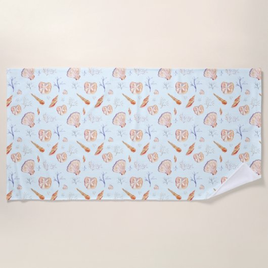 水彩貝類と珊瑚模様 ビーチタオル (正面)